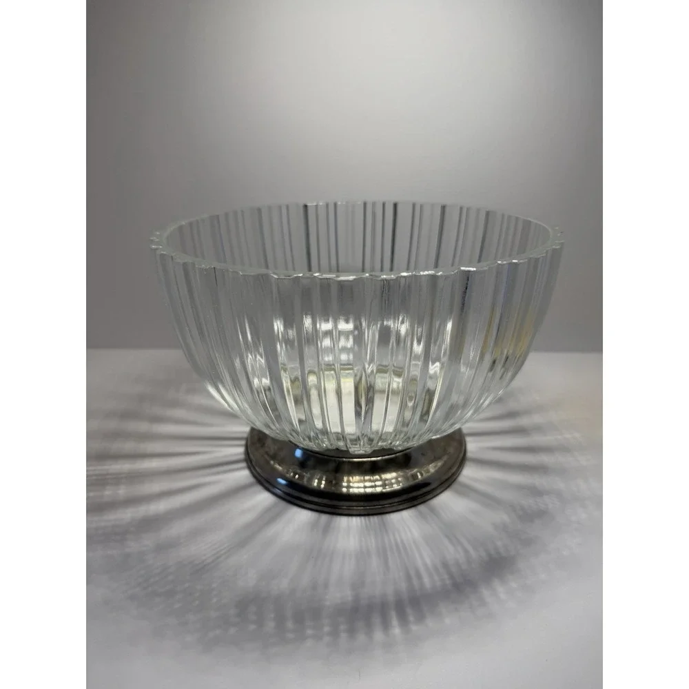 Vintage Made in Italy Ribbed Glass Pedestal Bowl Chrome Base Centerpiece Fruit